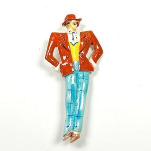 Vtg 1940s Dandy Man Novelty Brooch Red Jacket Plaid Pants Figural Celluloid Pin